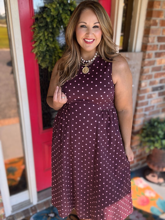 Entro Burgundy Polka Dot Midi Dress