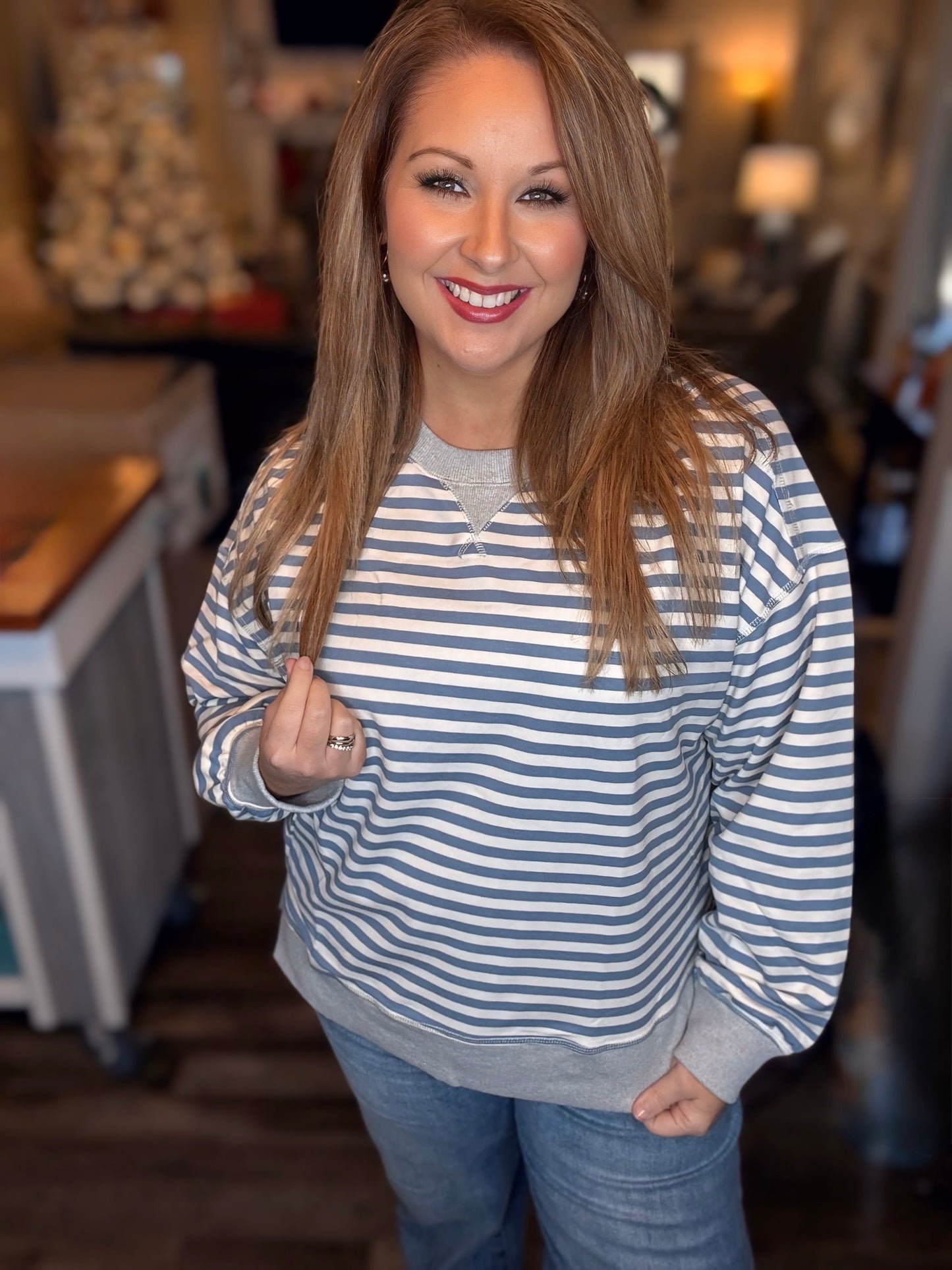 Denim Color Striped Oversized Knit Top