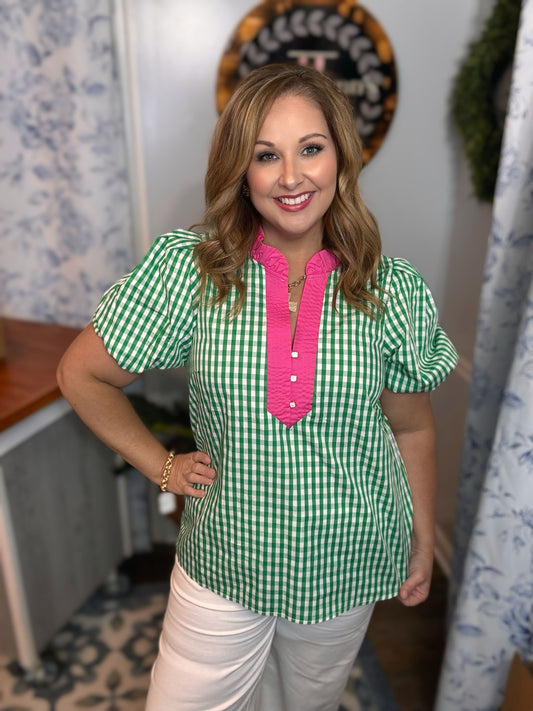Gingham Plaid Puff Sleeve Top