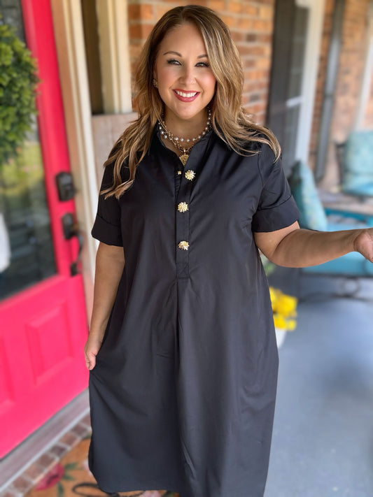 Entro Gold Button Detail Midi Dress – Black