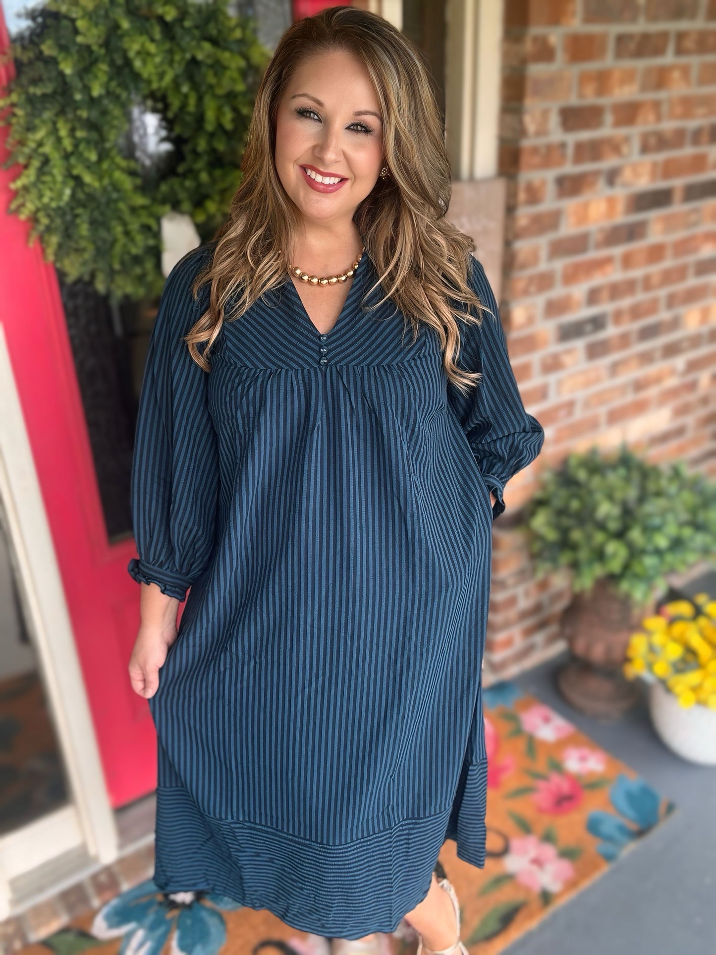 Umgee Teal Striped Seersucker Midi Dress