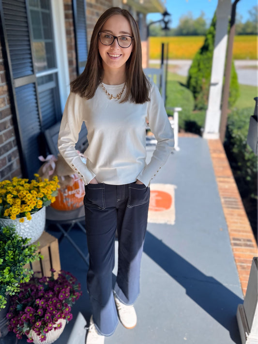 Entro Navy Solid High-Waist Button Fly Front Zipper Pants