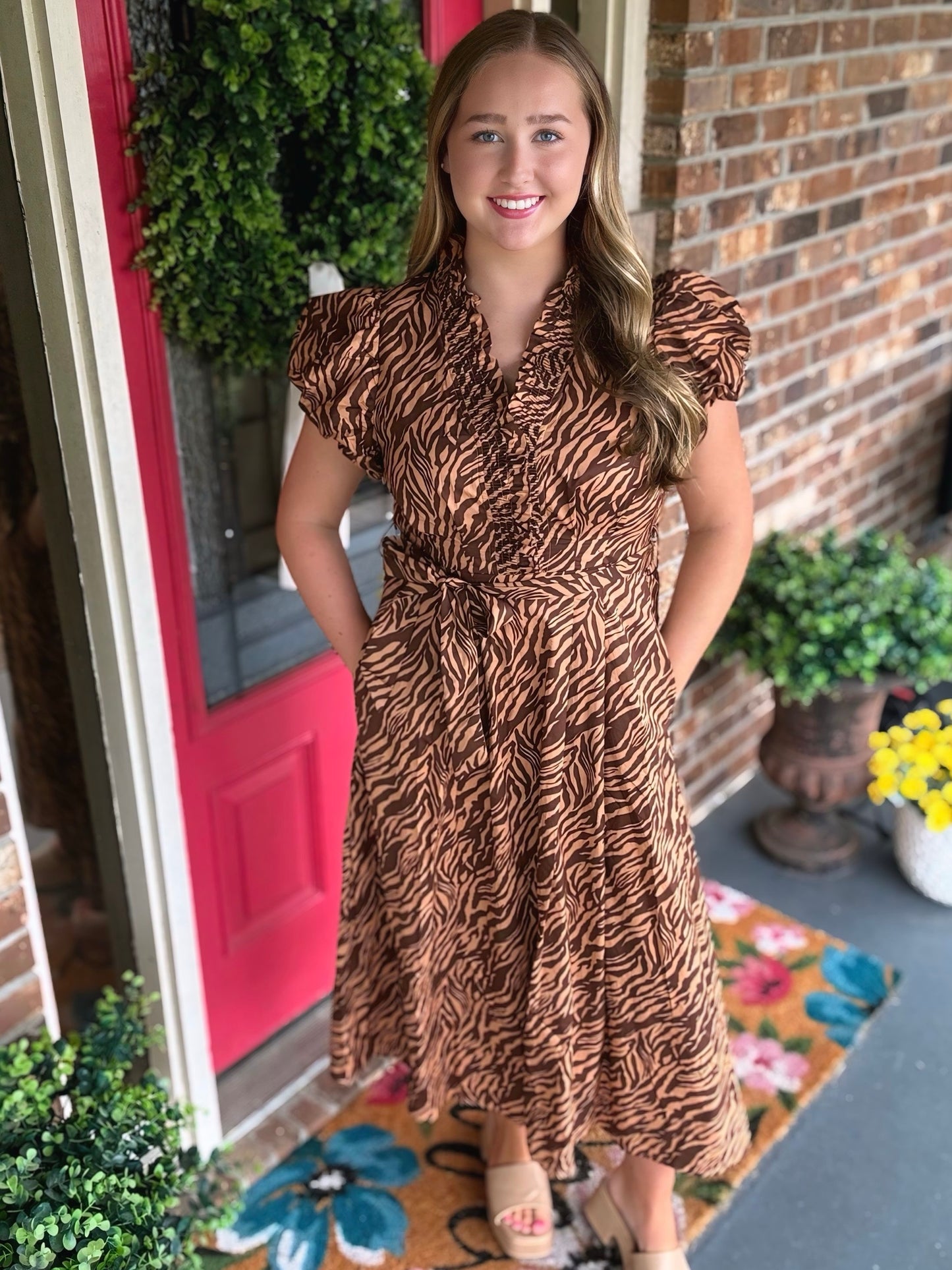 Tiger Taupe Print Midi Dress