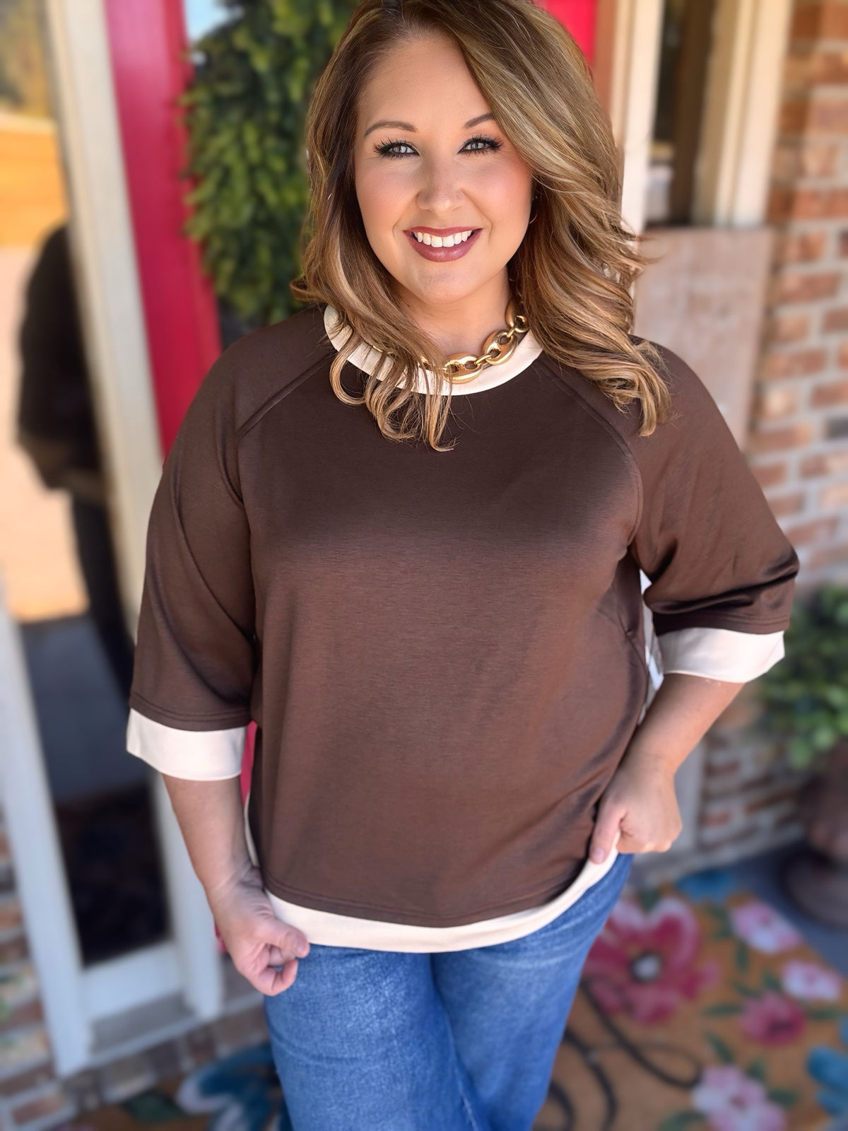 MOHMe by Umgee LuxeKnit Colorblock Raglan Sleeve Top – Brown & Cream