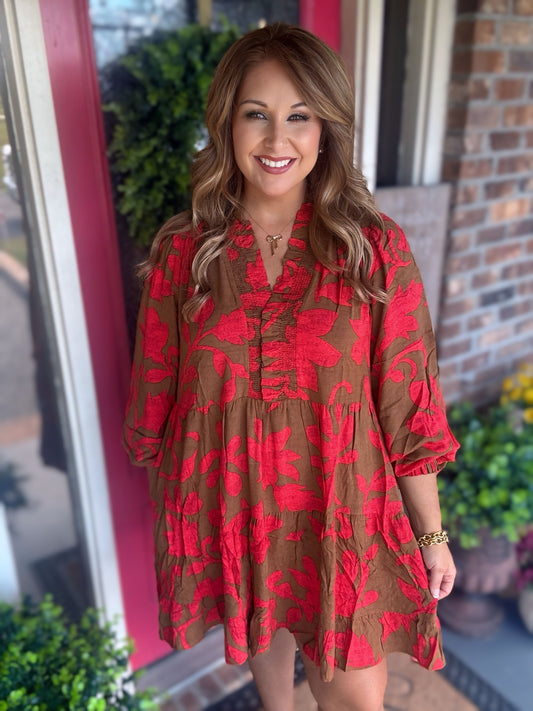 PRINTED RAYON TIERED DRESS