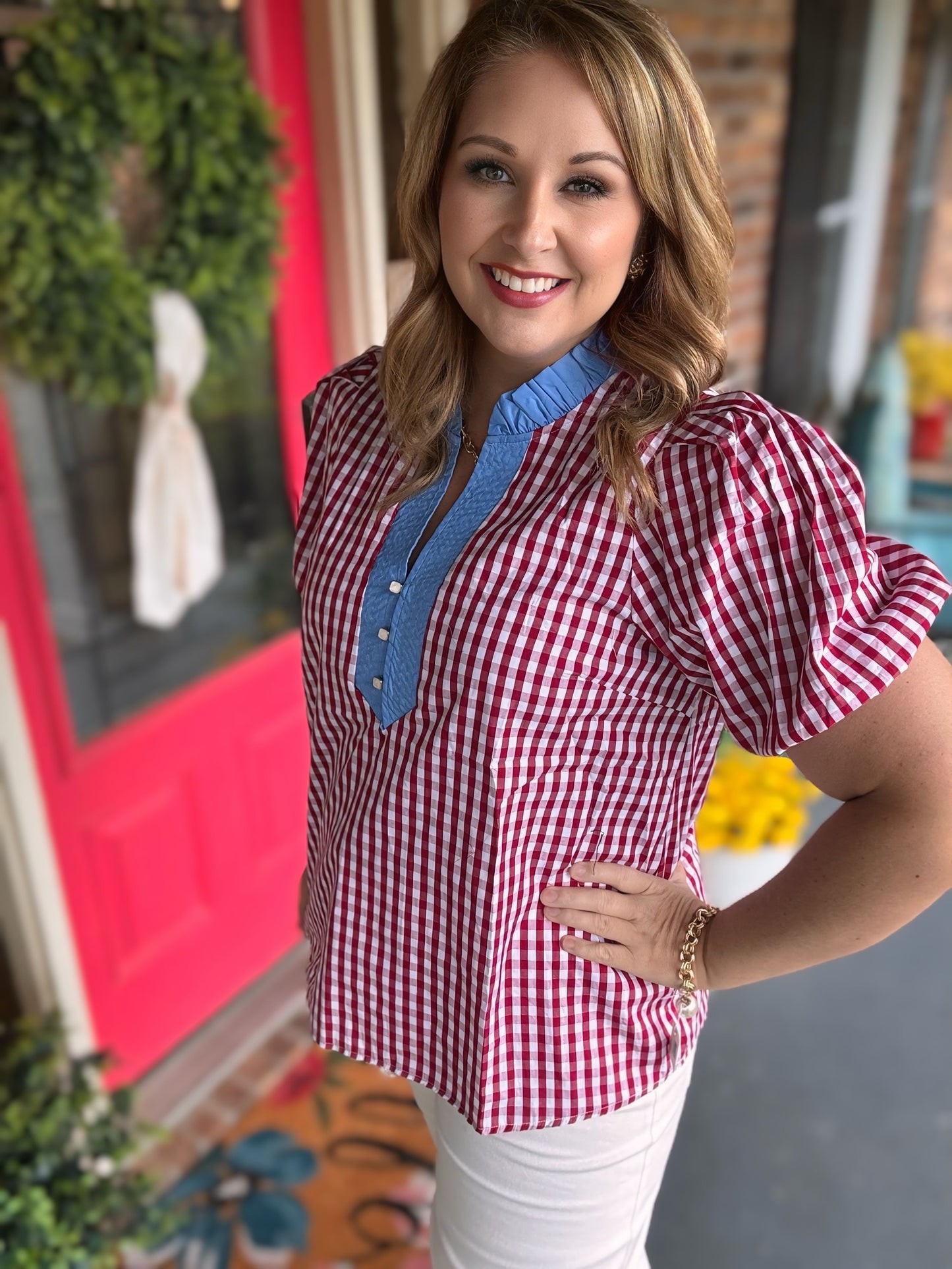 Gingham Red/Blue Puff Sleeve Top