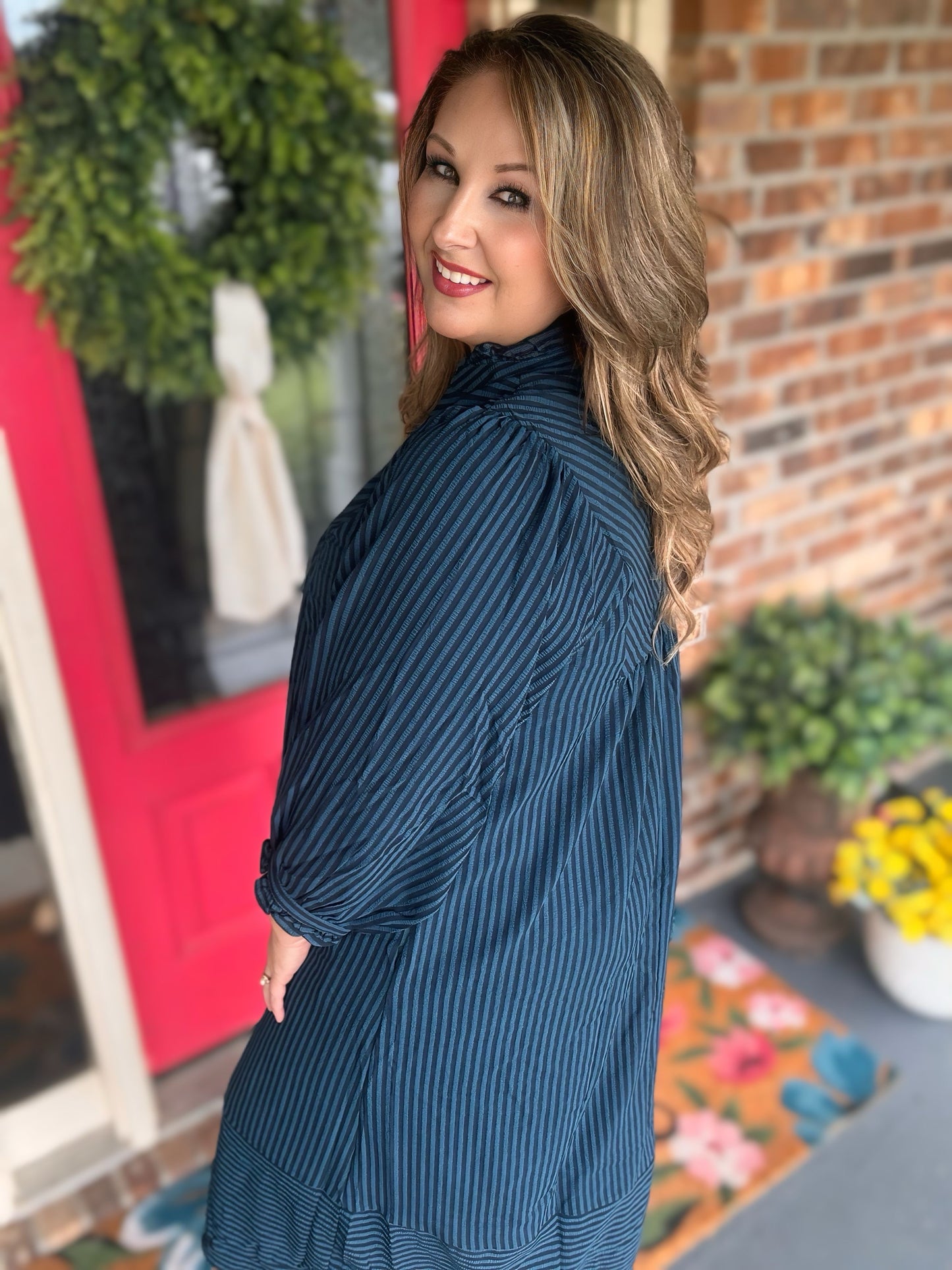 Umgee Teal Striped Seersucker Midi Dress