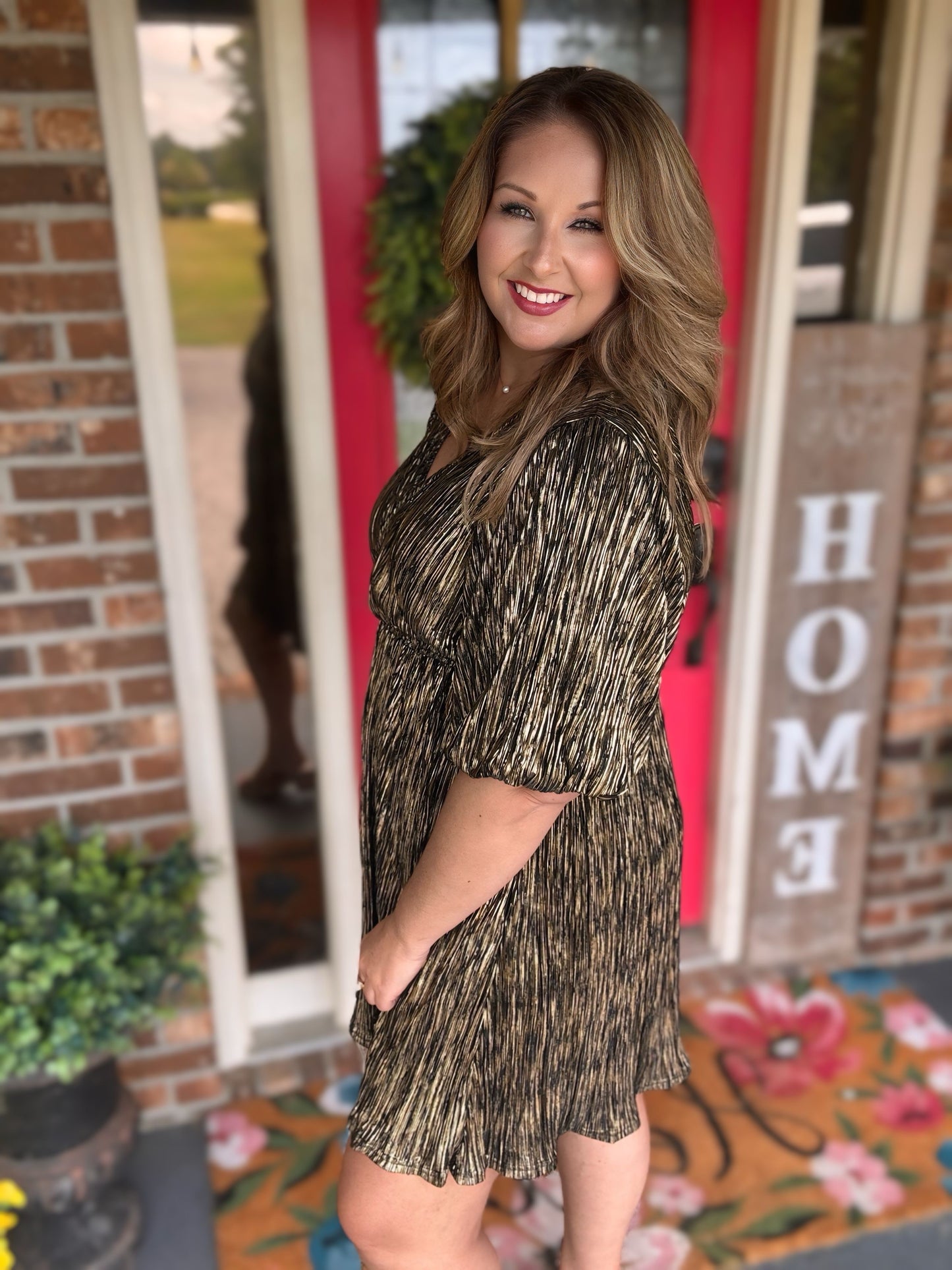 Easel Foil Crinkled Metallic Dress with Pockets