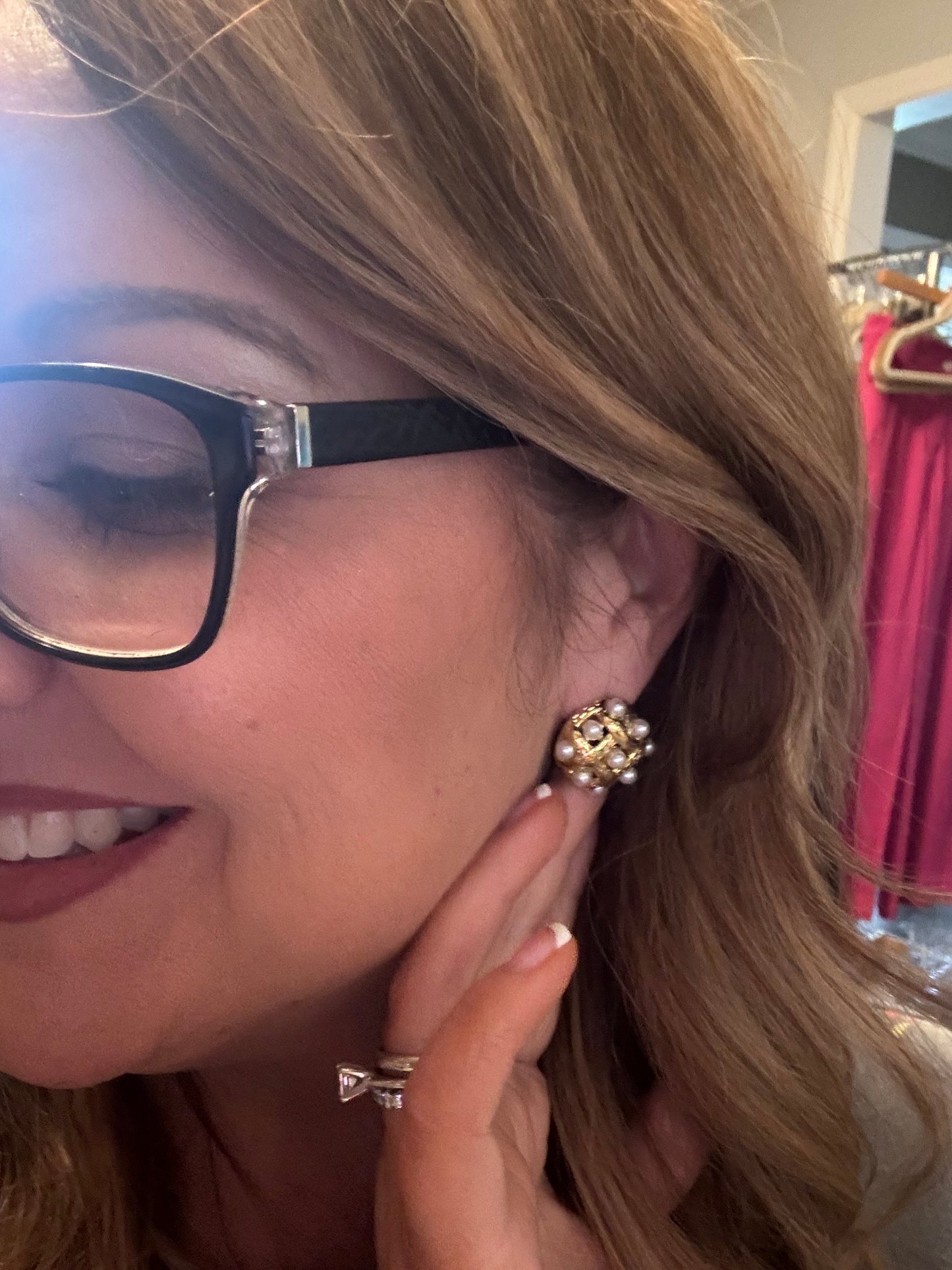 Gold and pearl waterproof stud earrings ￼