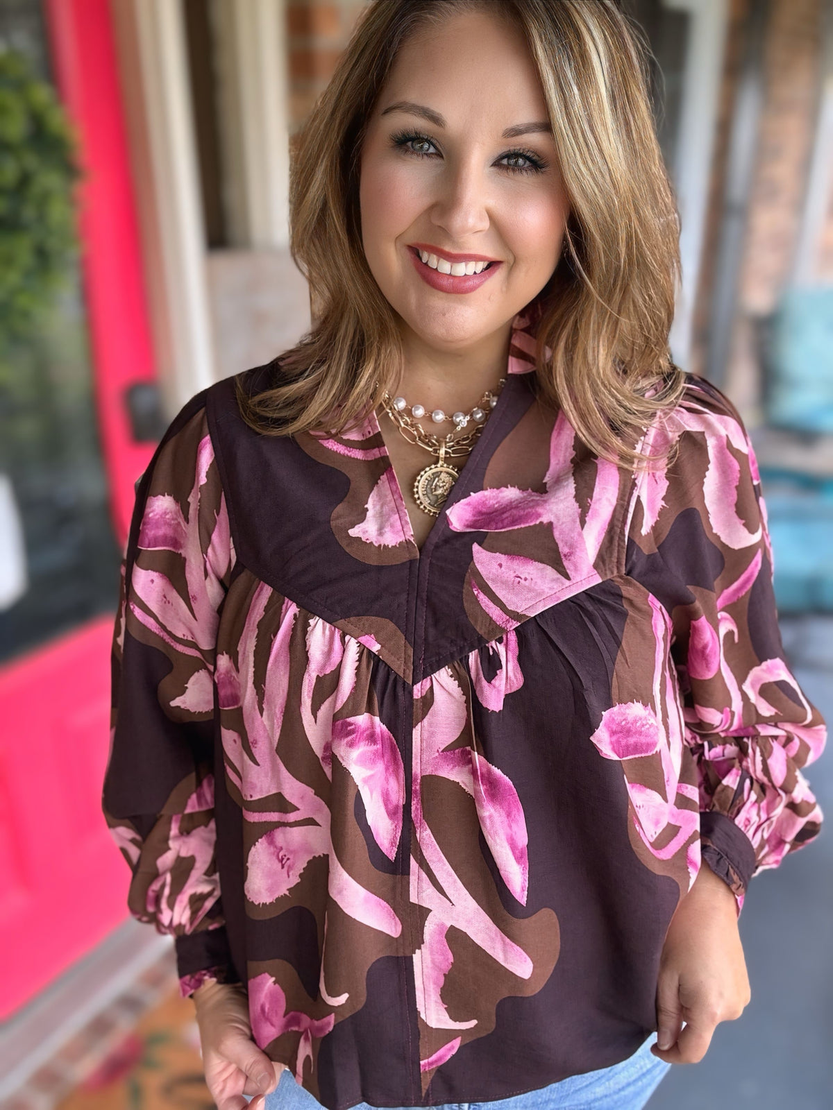 Entro Pink Floral Balloon Sleeve Top – Burgundy/Pink