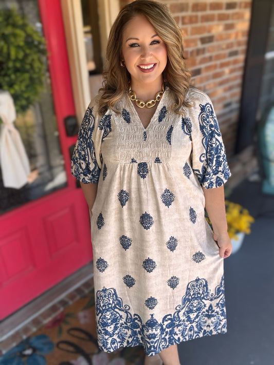 Umgee Border Print Smocked Detail Midi Dress