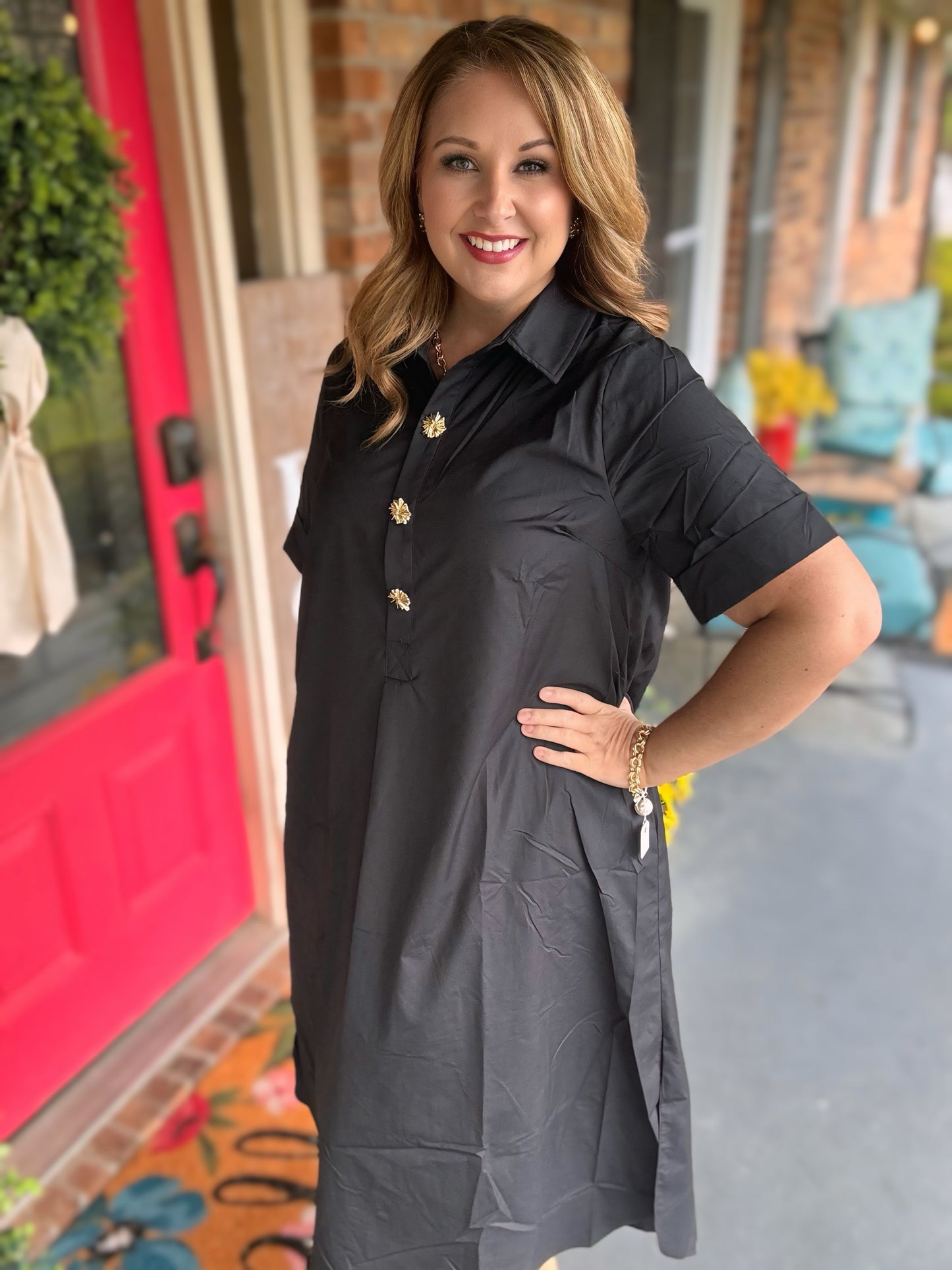 Entro Black Midi with Gold Button Detail