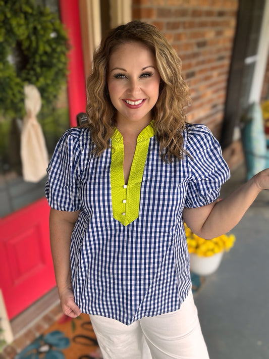 Entro Indigo Gingham Puff Sleeve Top