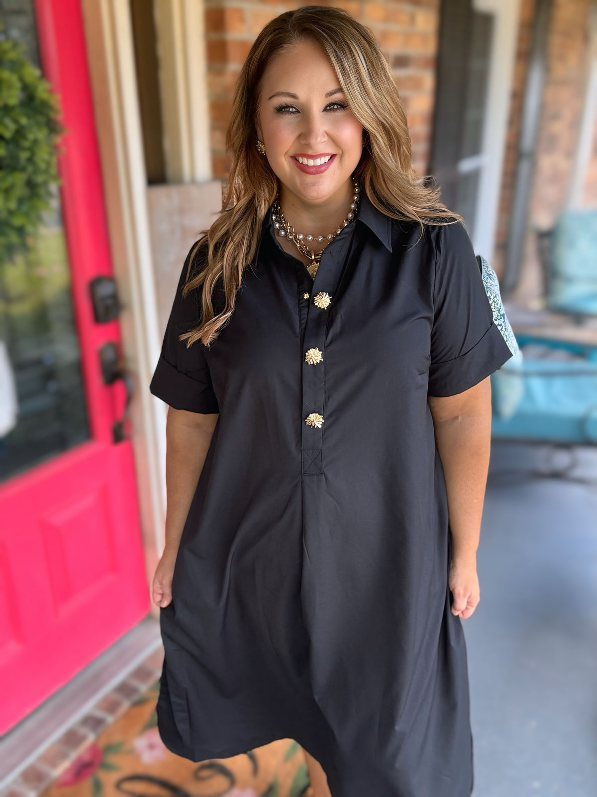 Entro Gold Button Detail Midi Dress – Black