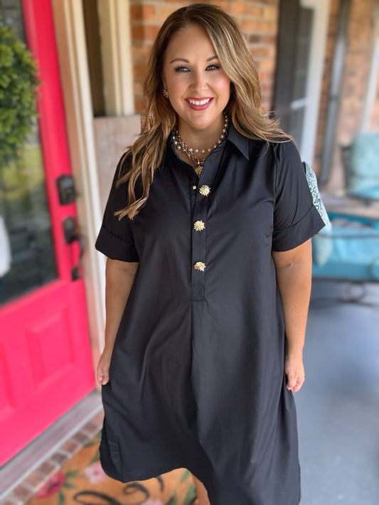 Entro Gold Button Detail Midi Dress – Black