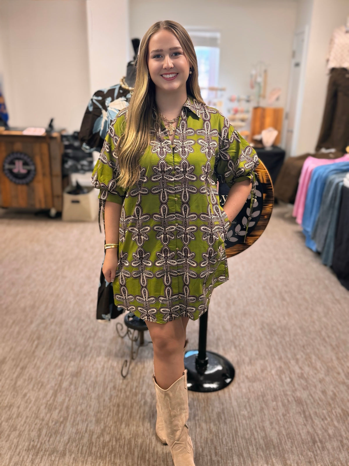 Entro Martini Olive Printed Mini Dress in