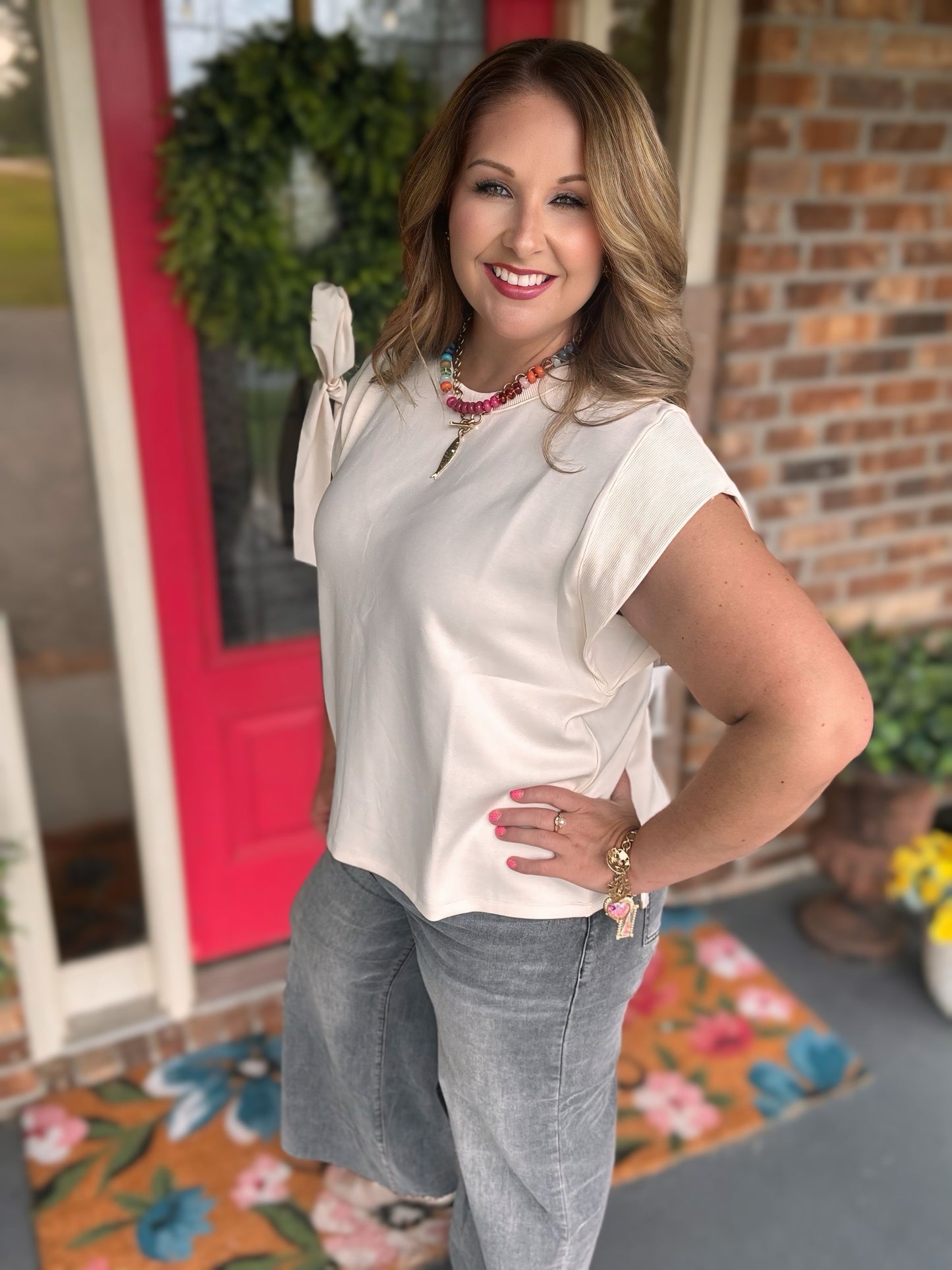 Entro Ecru Solid Round Neck Cap Sleeve Top
