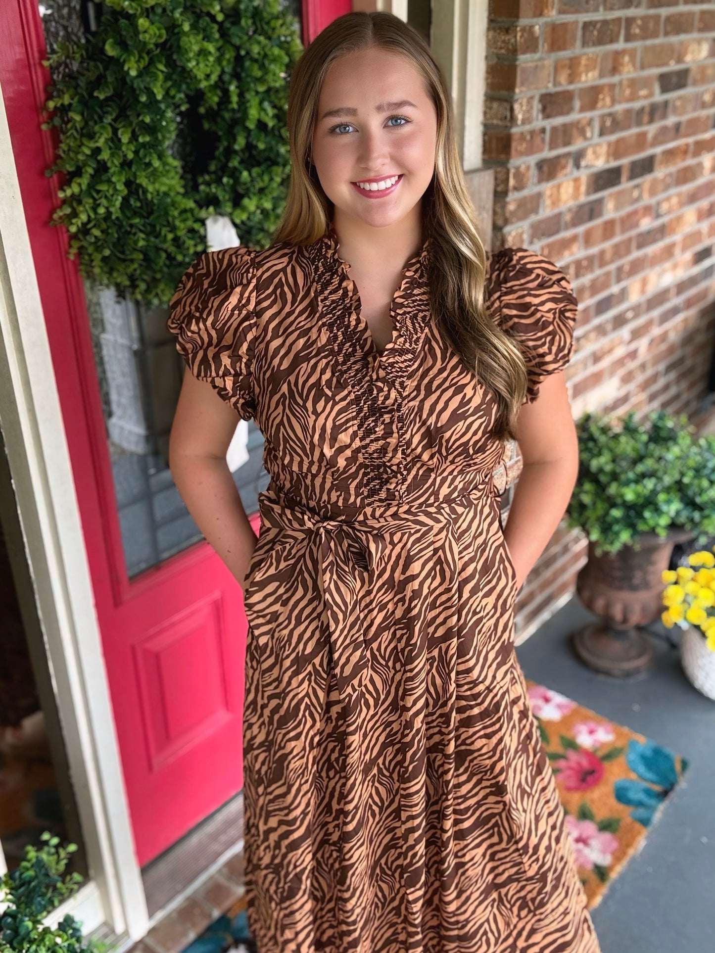 Tiger Taupe Print Midi Dress