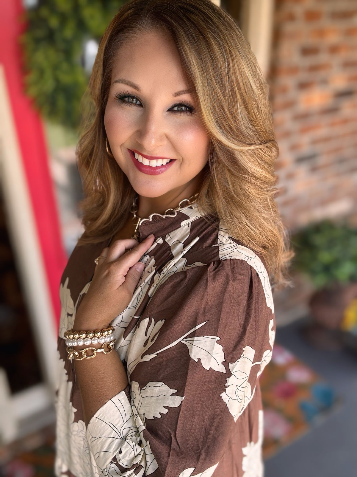 Umgee Brown Floral Tiered Maxi Dress with Ruffle Collar