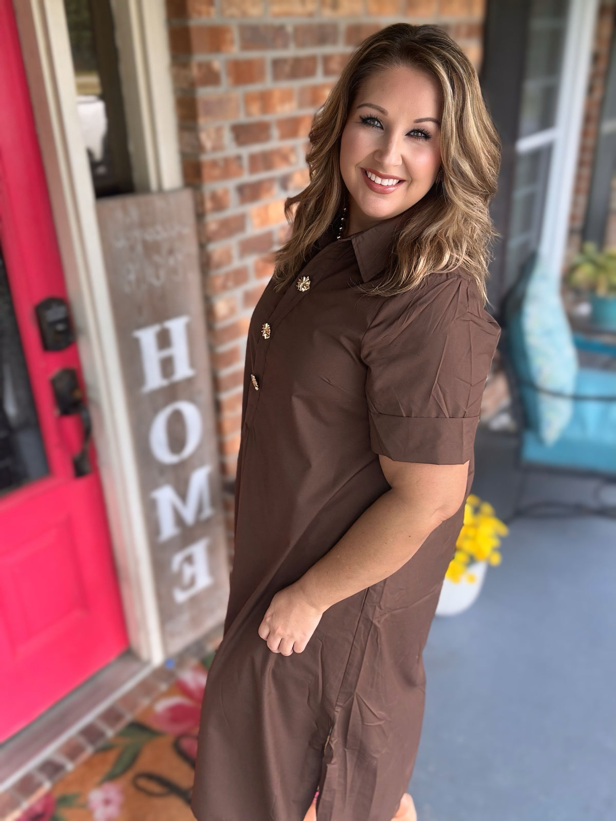Brown Midi Dress with Gold Snap Buttons | Entro