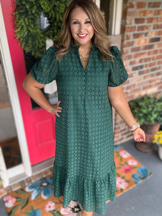 Entro Hunter Green Eyelet Ruffle Hem Midi Dress with Pockets