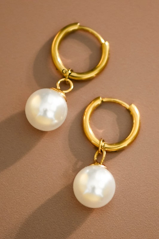 Gold and pearl waterproof drop hoop earrings