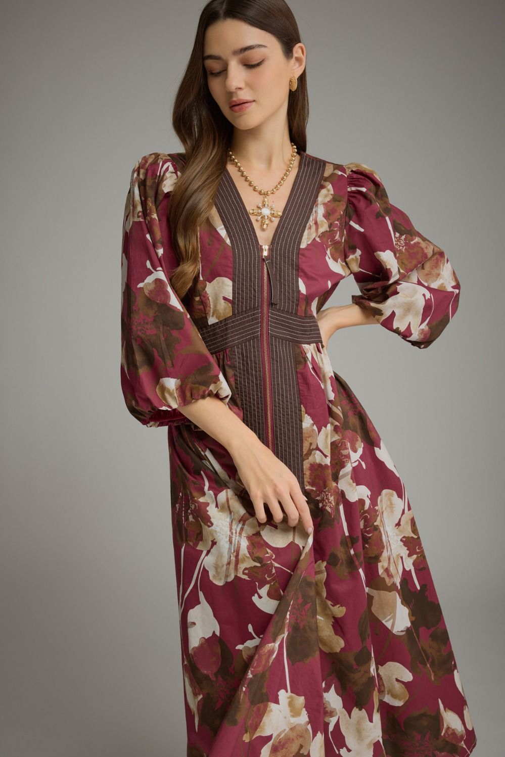 Entro Burgundy Floral Zip-Front Midi Dress