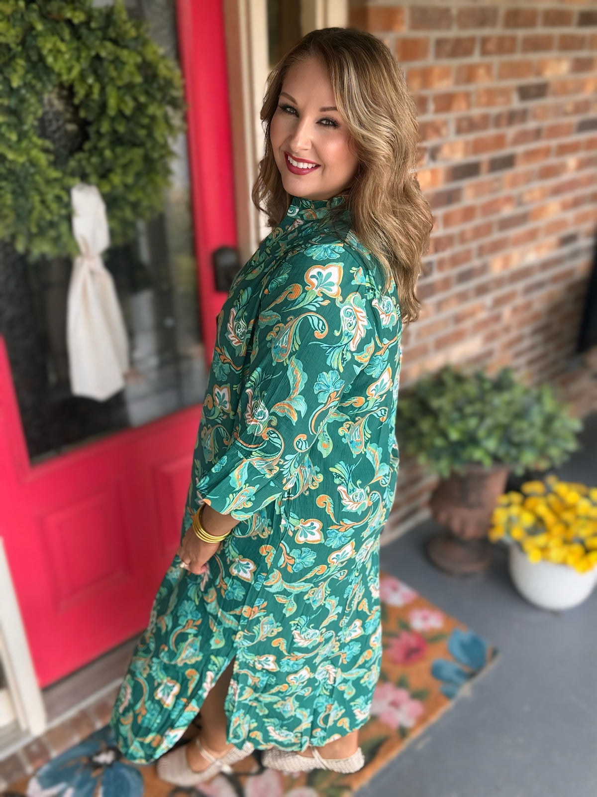 Umgee Hunter Green Paisley Button-Front Maxi Shirt Dress