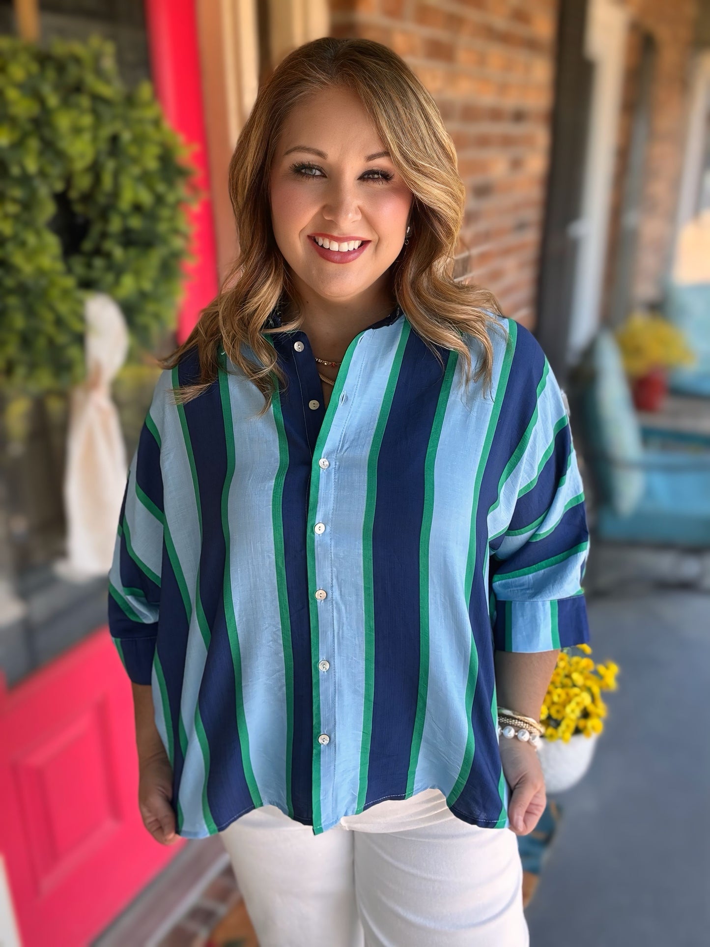 Entro Navy Striped Button-Up Top