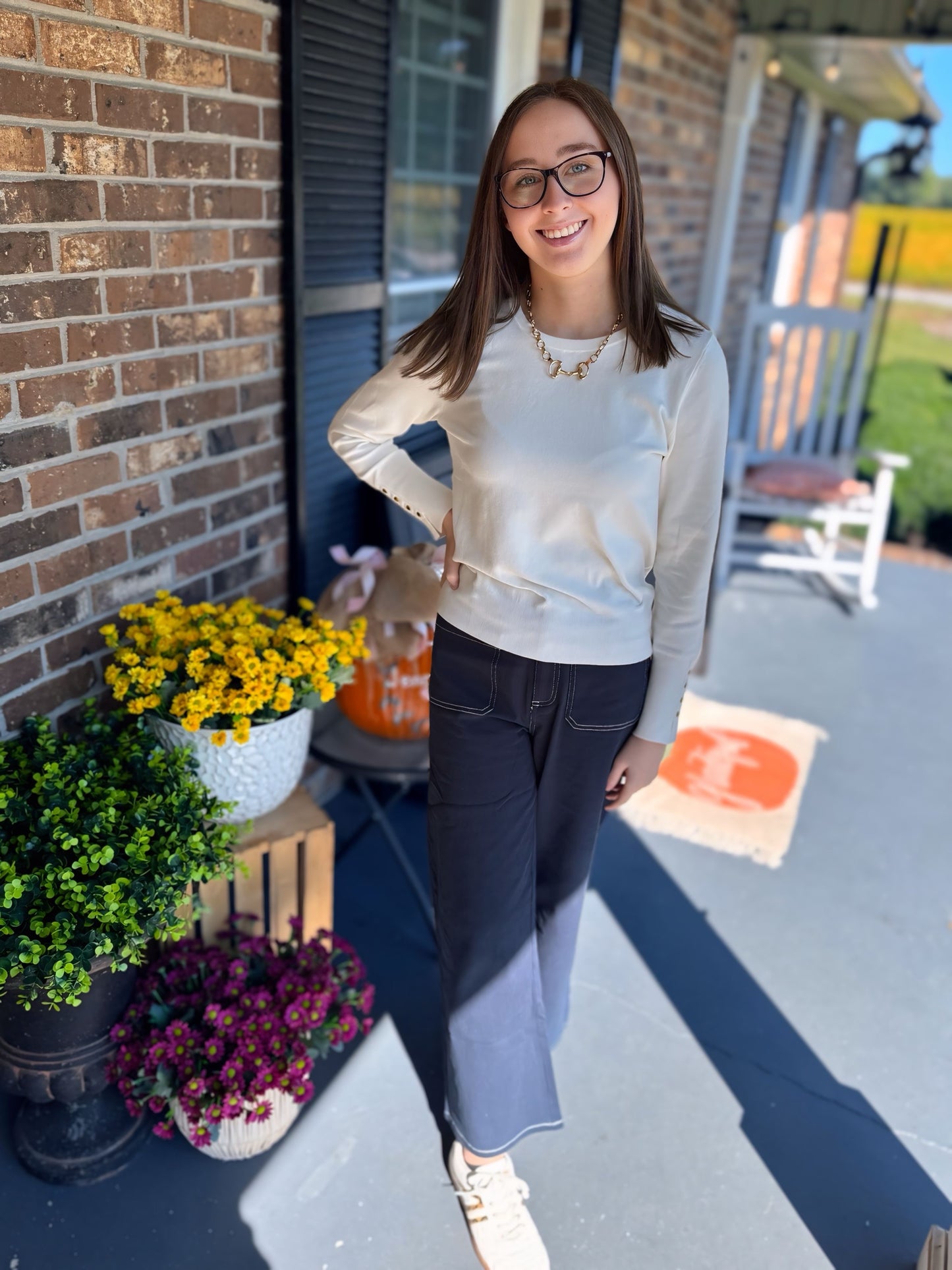 Entro Navy Solid High-Waist Button Fly Front Zipper Pants