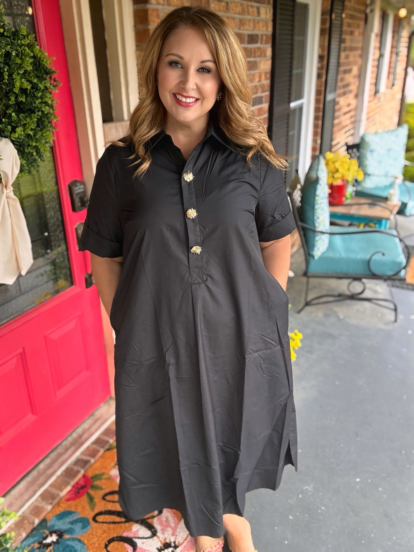 Entro Black Midi with Gold Button Detail