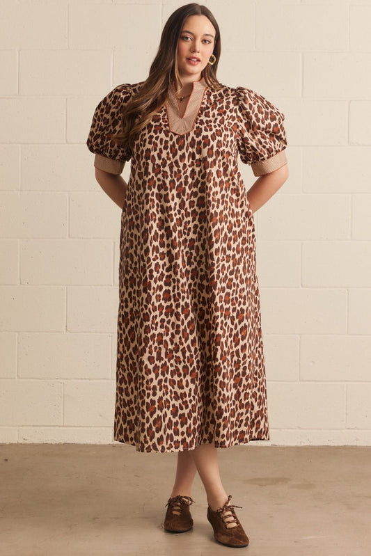Ecru Leopard Gingham Trim Midi Dress