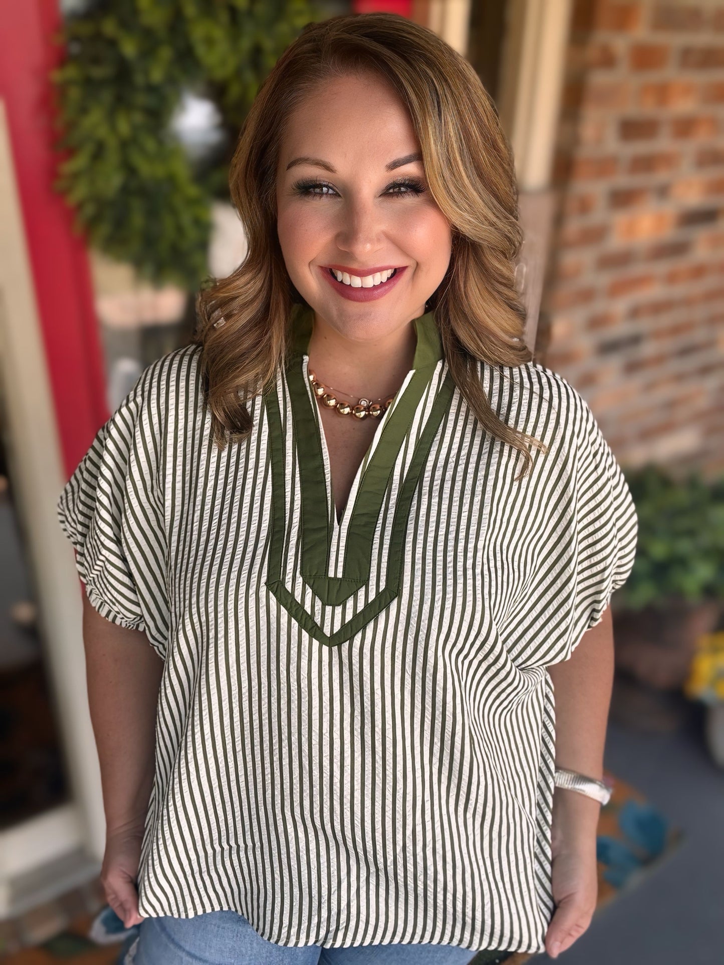 Entro Olive Striped Split Neck Top
