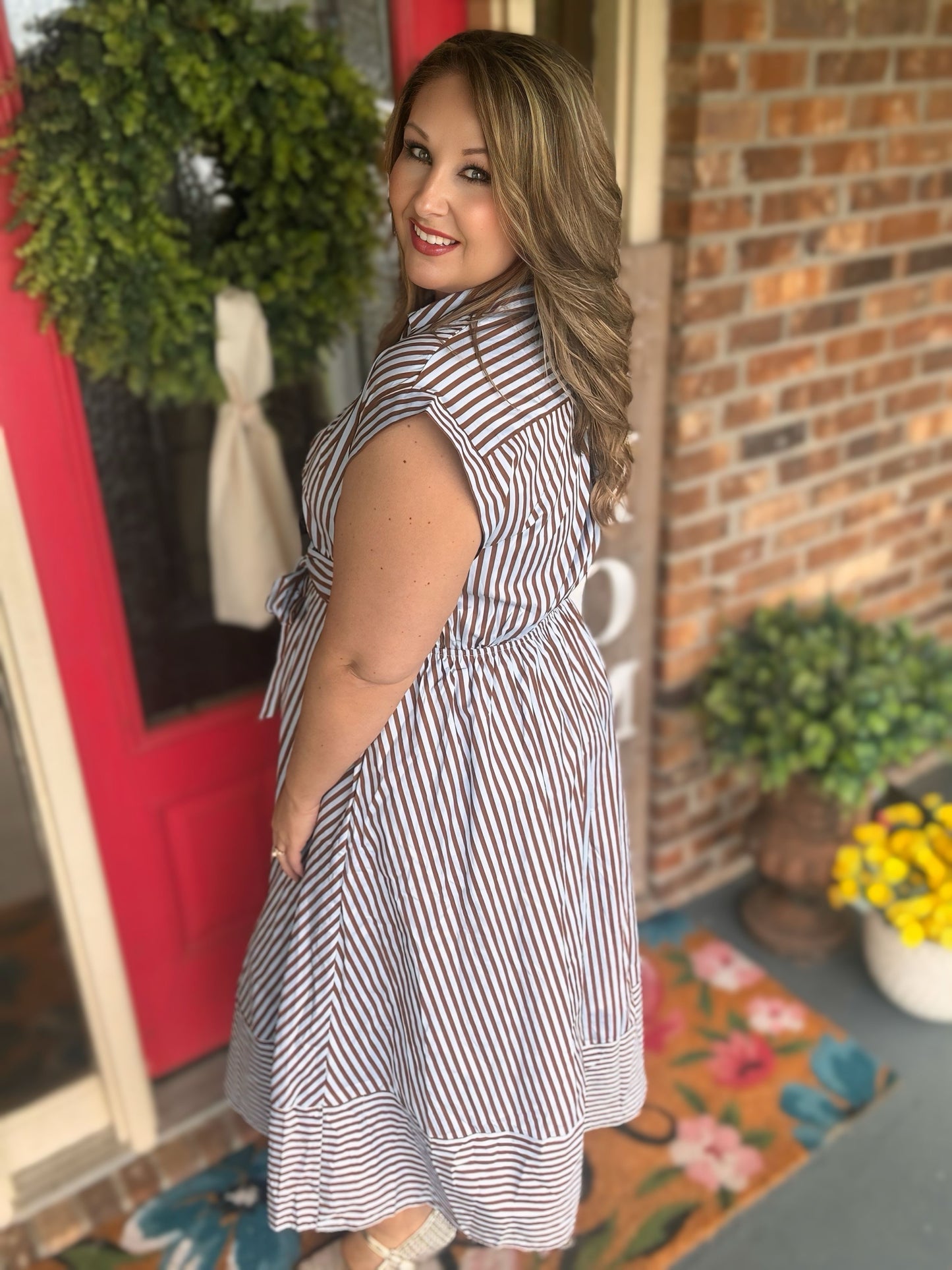 Entro Blue & Brown Striped Tie-Front Midi Dress