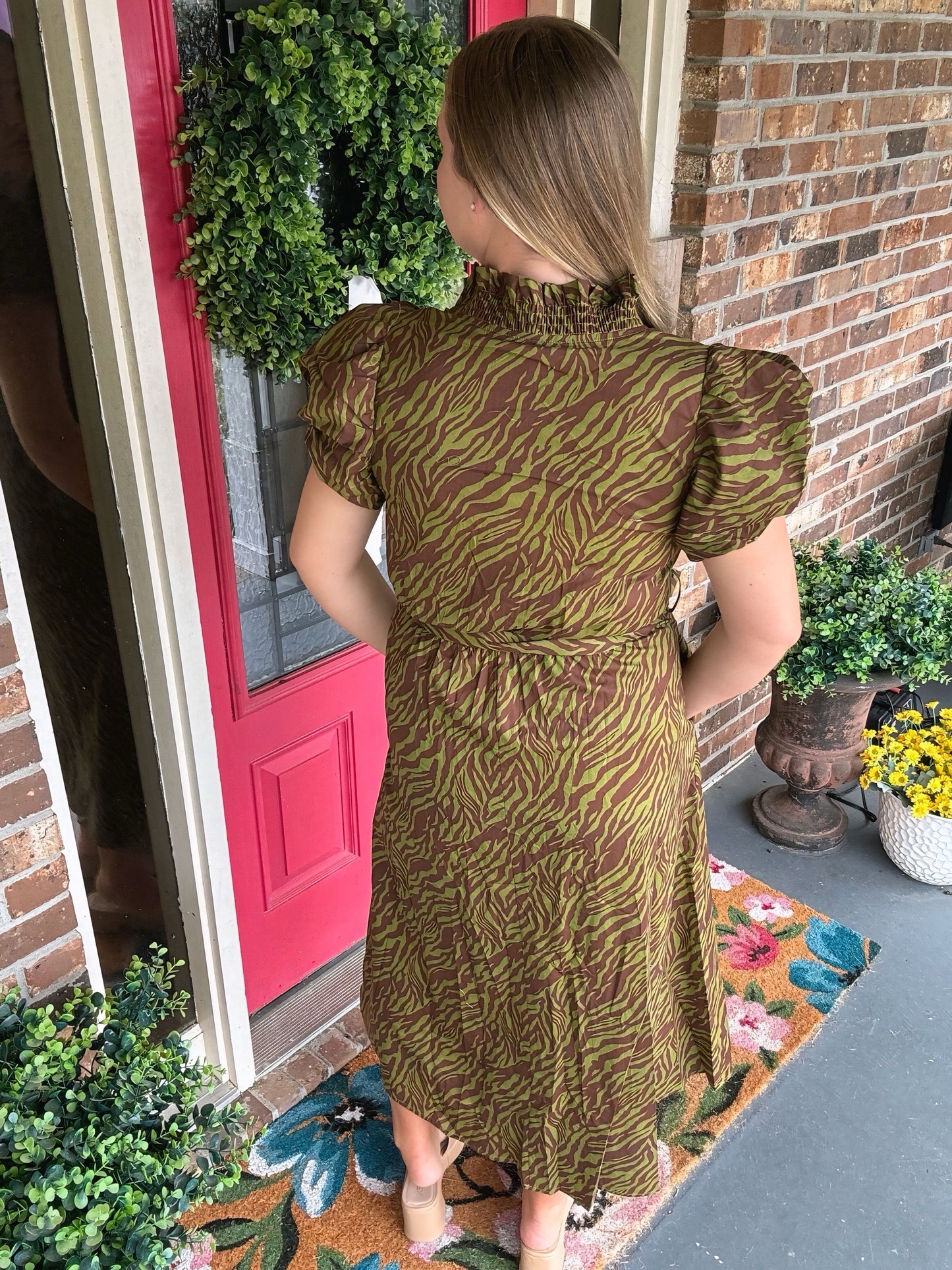 Entro Olive Tiger Print Midi Dress