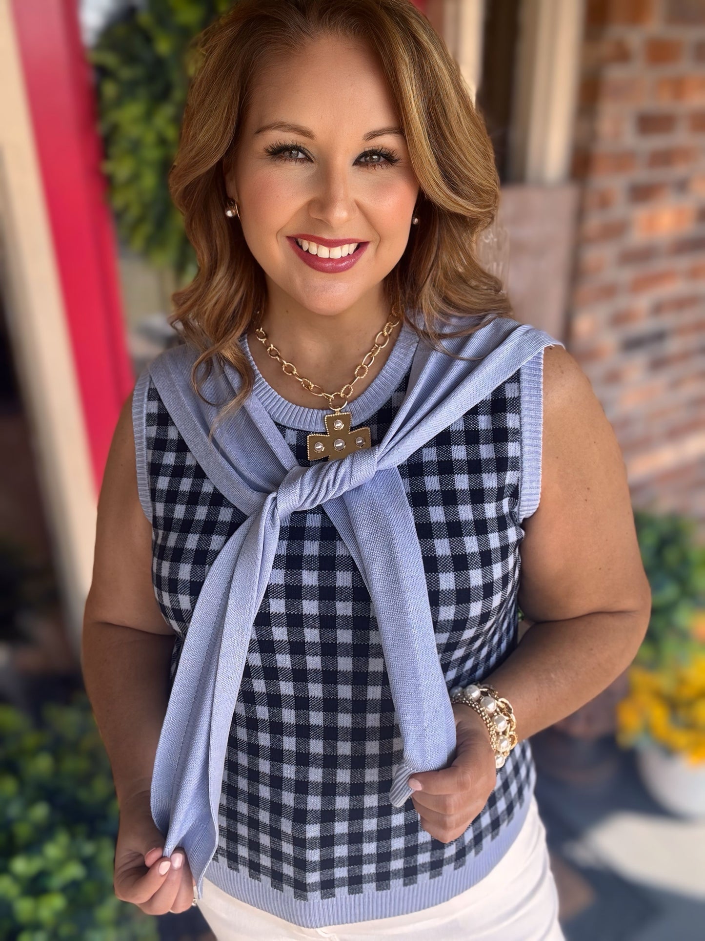 Entro Navy Gingham Knit Top
