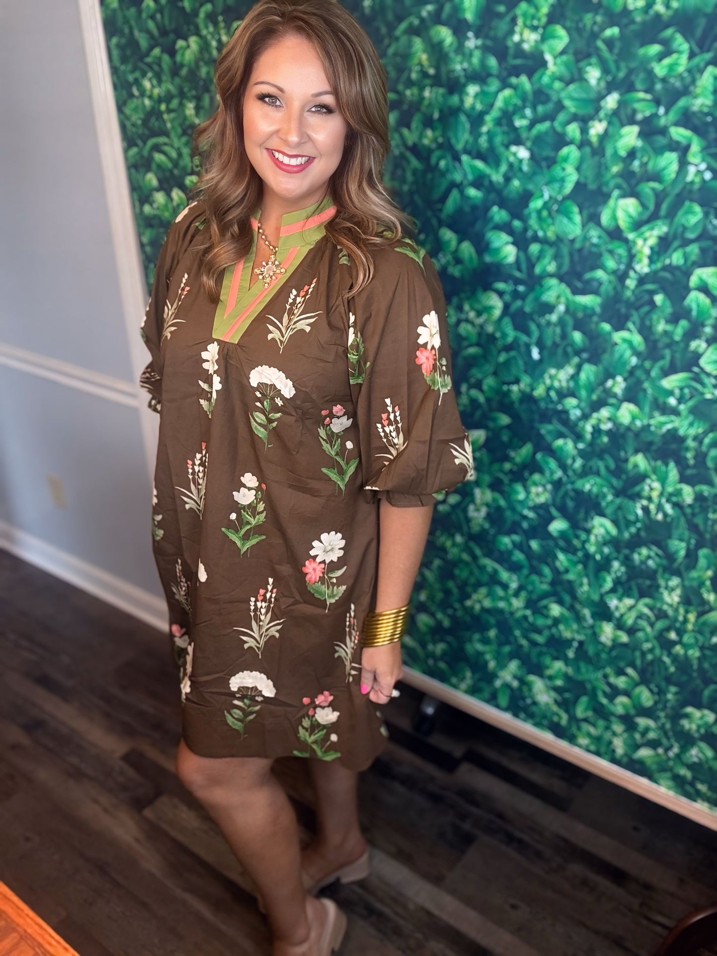 Floral Tunic Dress with Contrast Trim- Brown