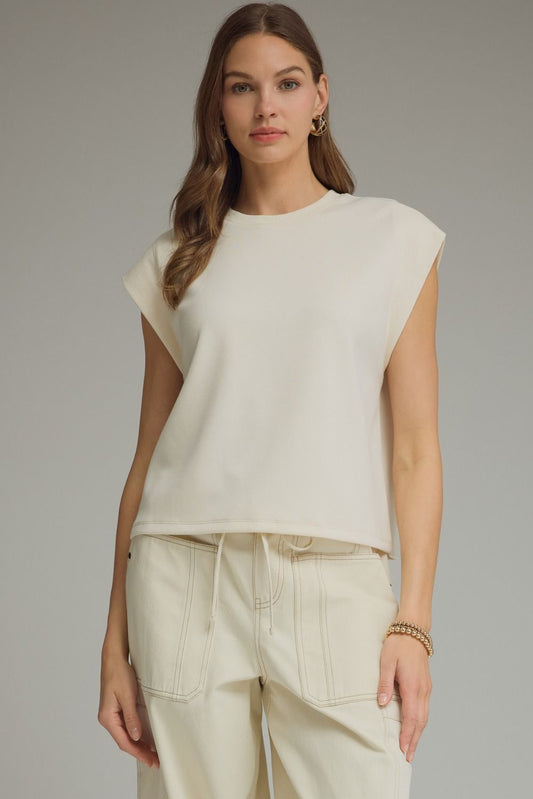 Entro Ecru Solid Round Neck Cap Sleeve Top