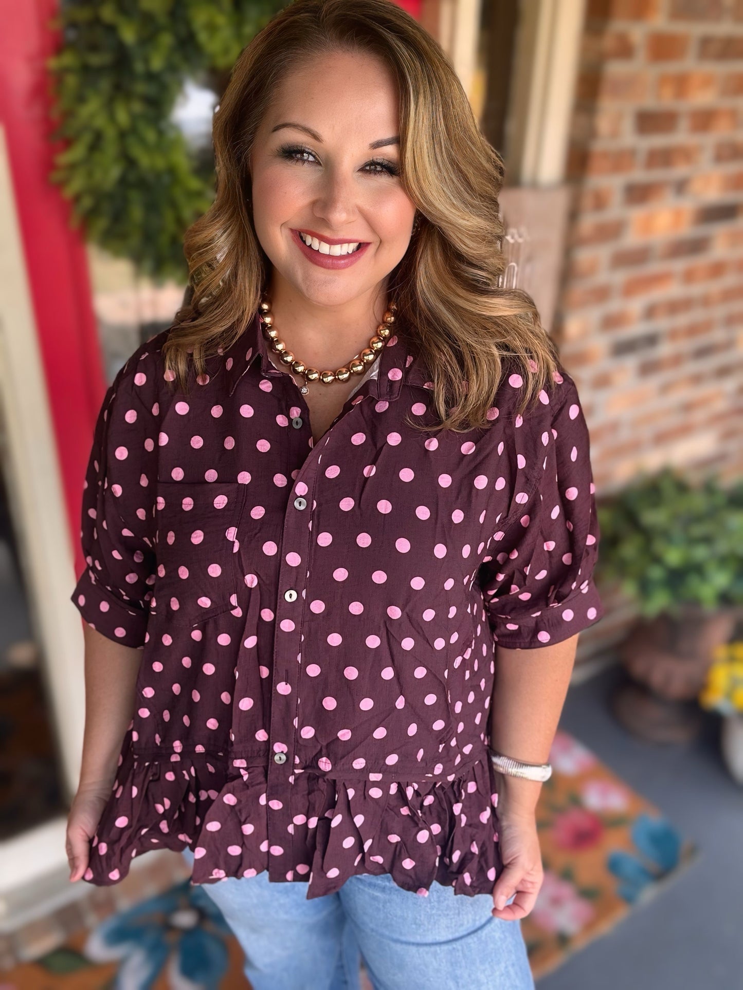 Entro Wine Polka Dot Button Top