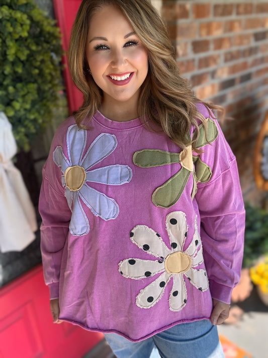 Floral Patchwork Mineral Washed Pullover – Pink | Easel