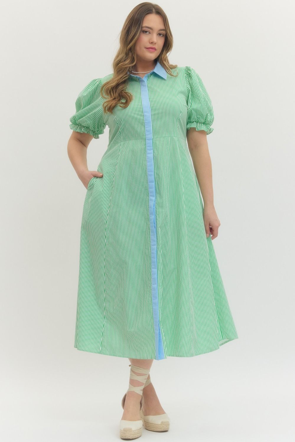 Entro Stripe Puff Sleeve Midi Dress Reg/Plus