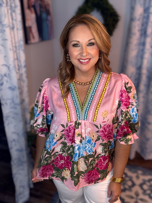 Pink Floral Puff Sleeve Top with Multicolor Embroidery She and Sky