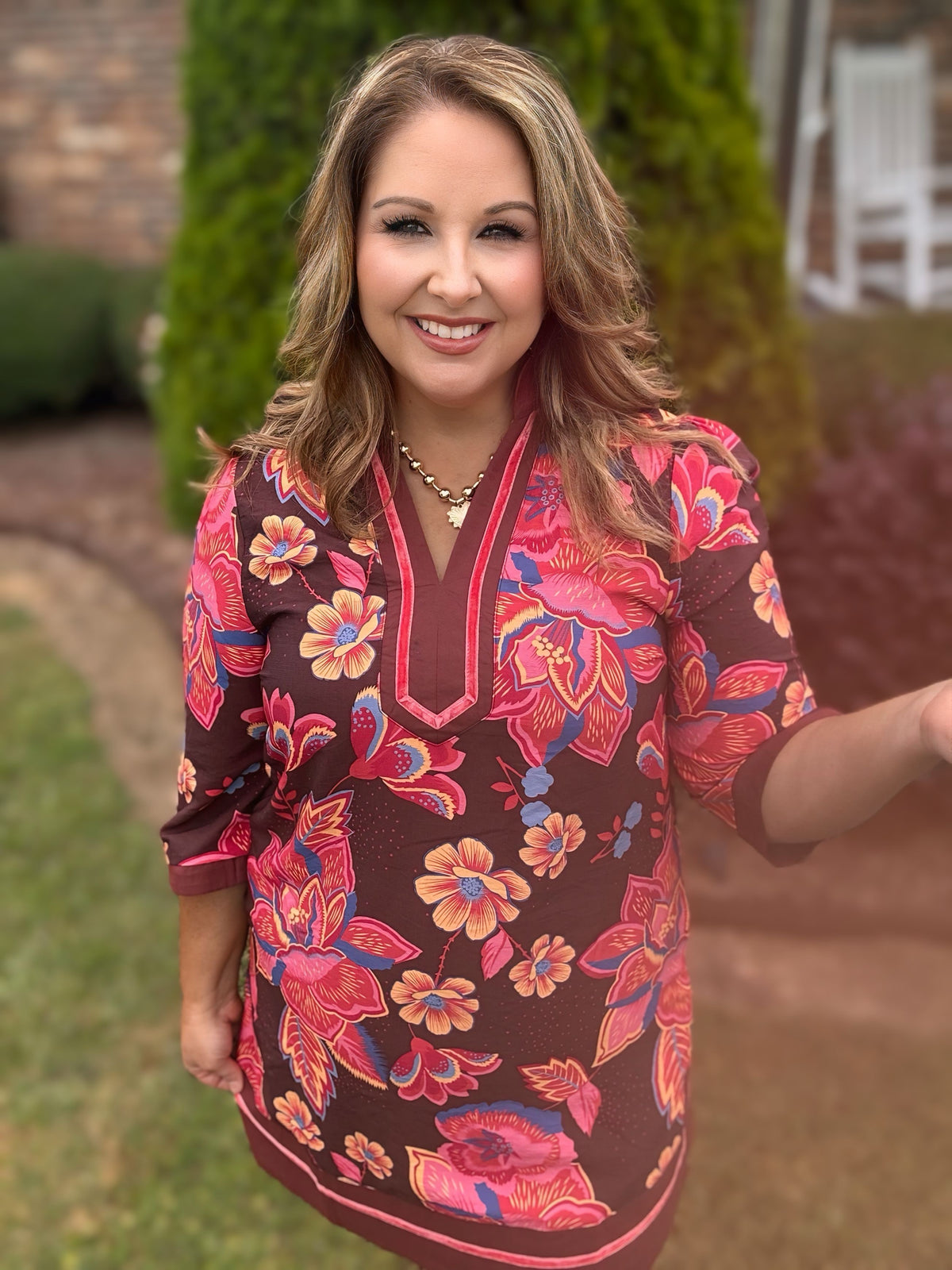 Jewel-Tone Floral Contrast Trim Dress