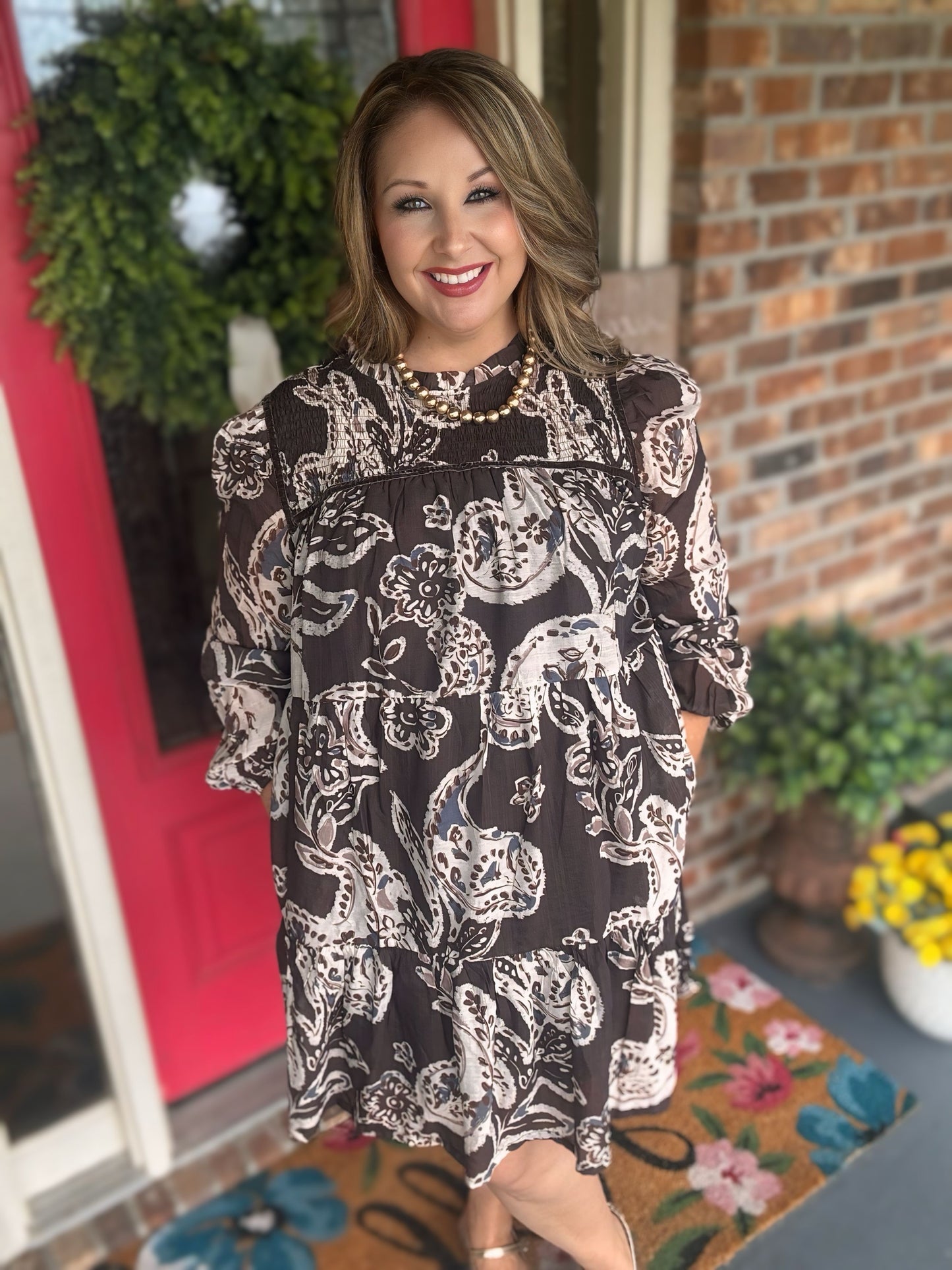 Umgee Paisley Tiered Mini Dress – Brown