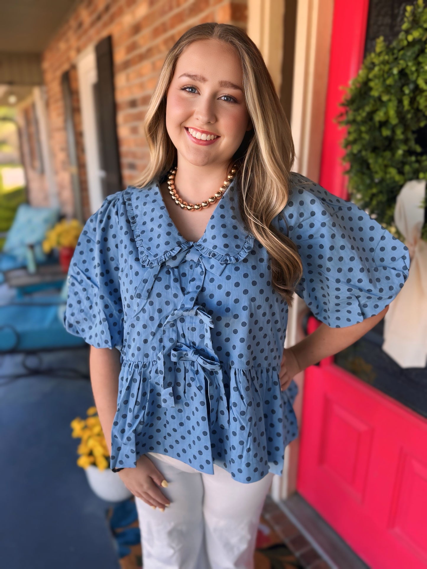 Polka Dot Bow Denim Top