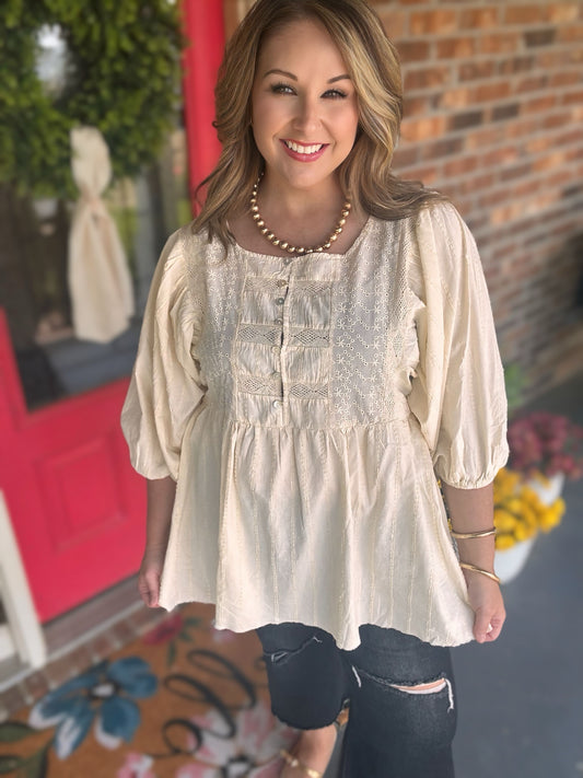 Ivory EYELET LACE GUAZE BABYDOLL TUNIC Top