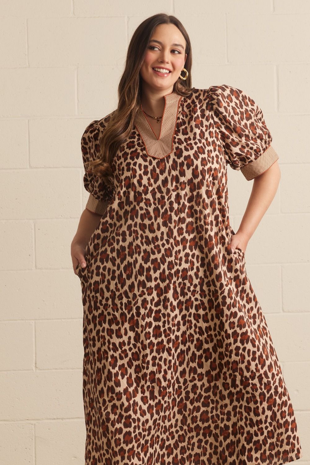 Ecru Leopard Gingham Trim Midi Dress