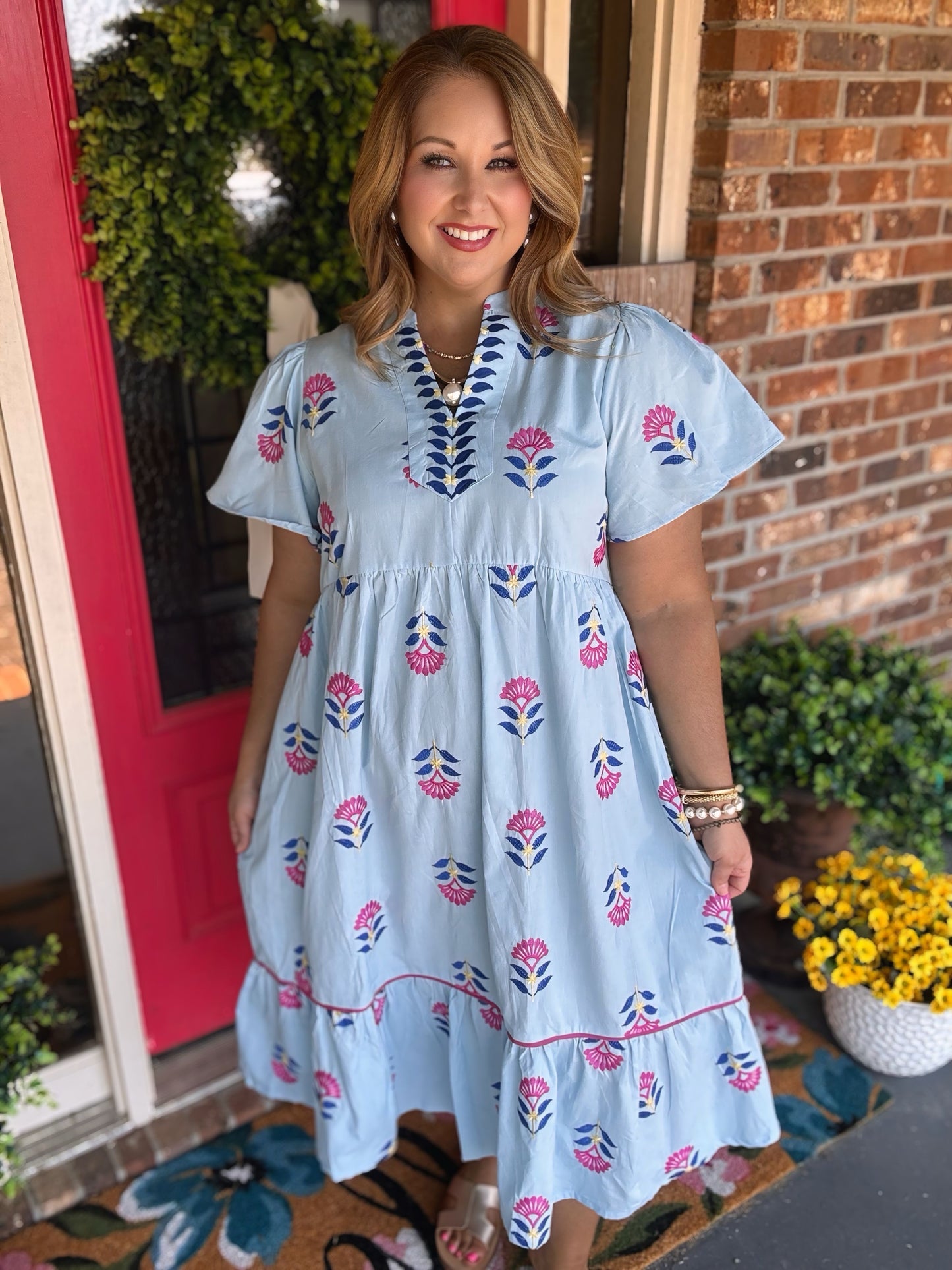 Embroidered Tiered Midi Dress