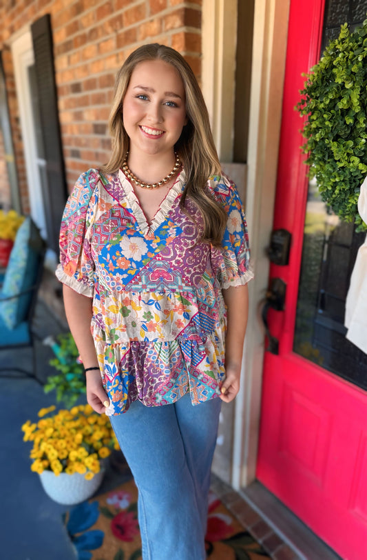 PATCHWORK PRINTED BABYDOLL TOP