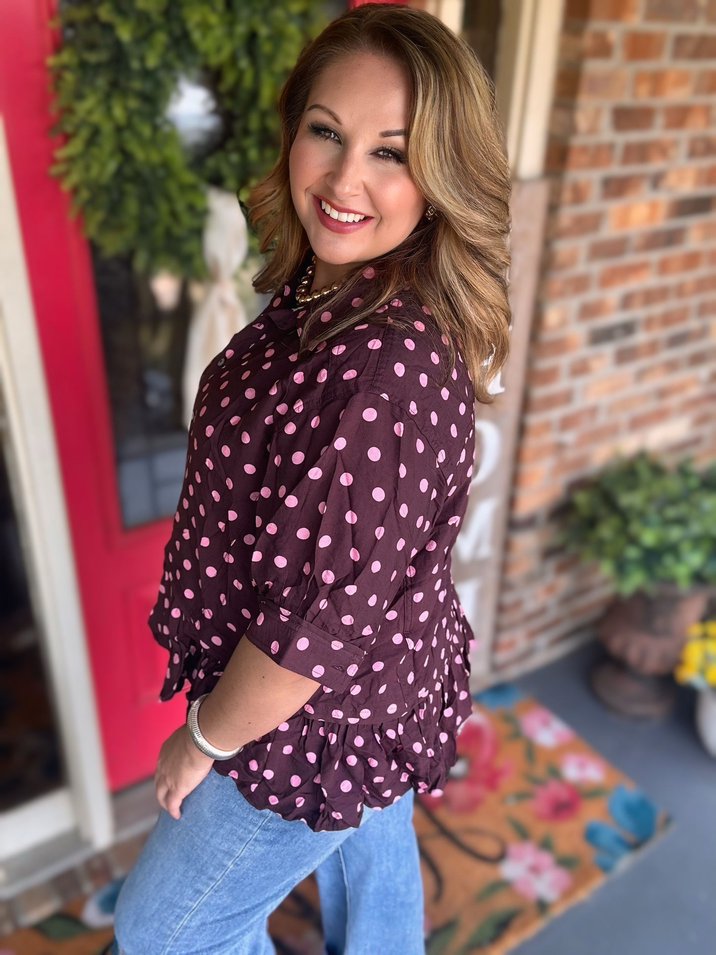 Entro Wine Polka Dot Button Top